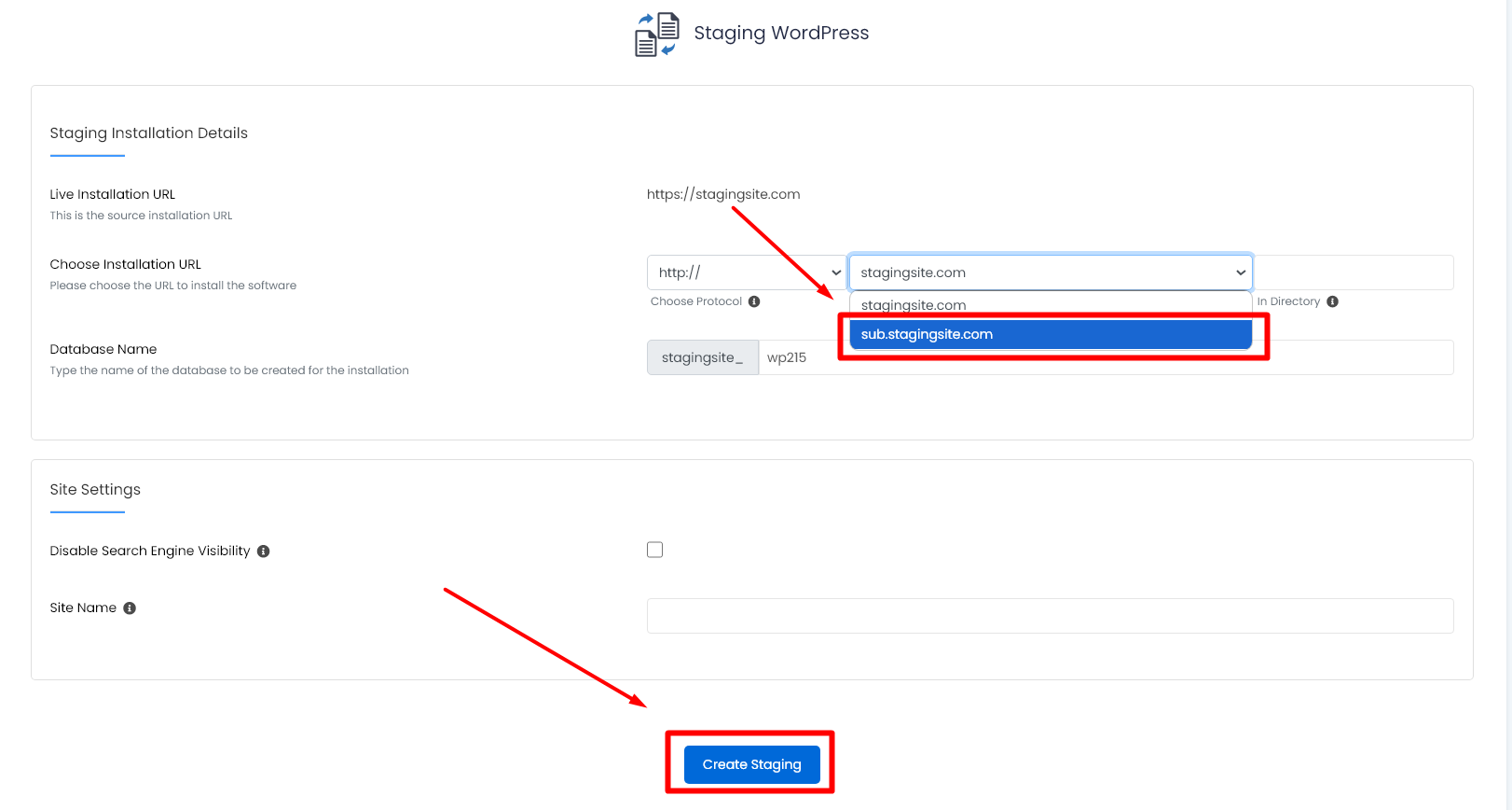 Create Staging site for subdomain