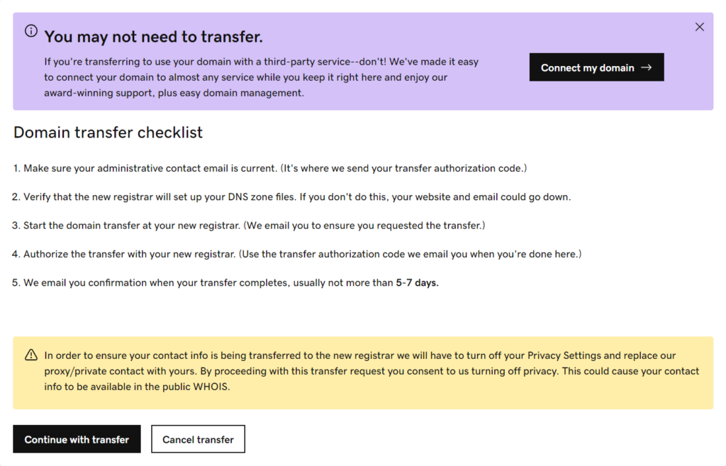 Transfer checklist GoDaddy