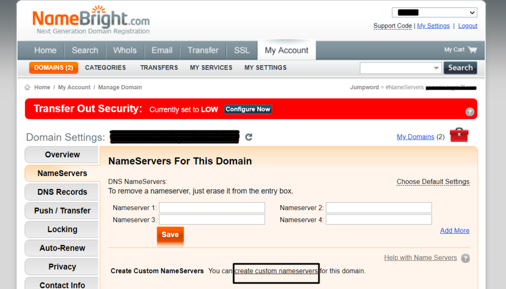 update custom nameserver in namebright