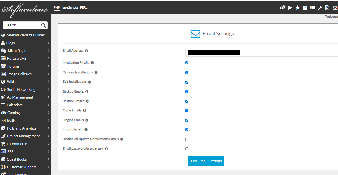 Softaculous email settings page