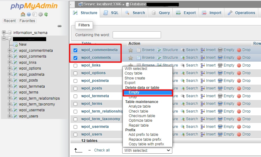 phpmyadmin database tables