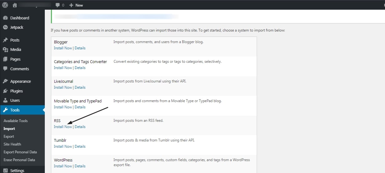 import RSS feed and export to Wordpress