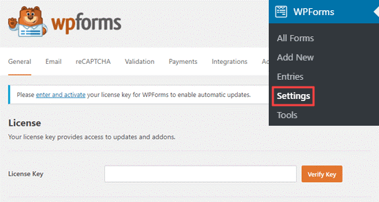 WP forms Settings