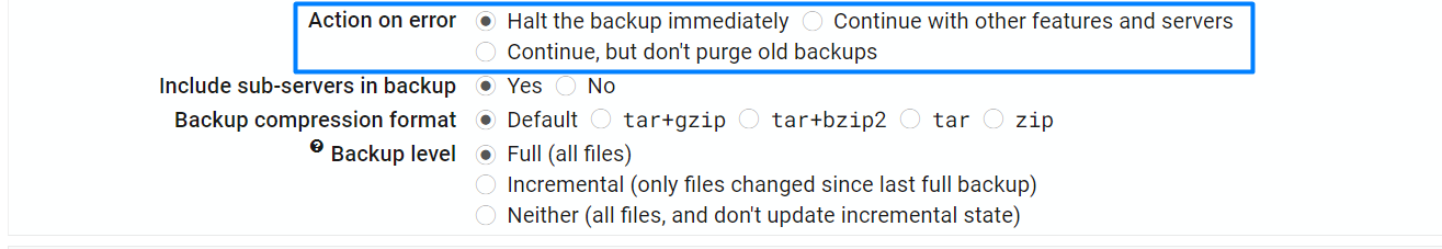 Action on error backup