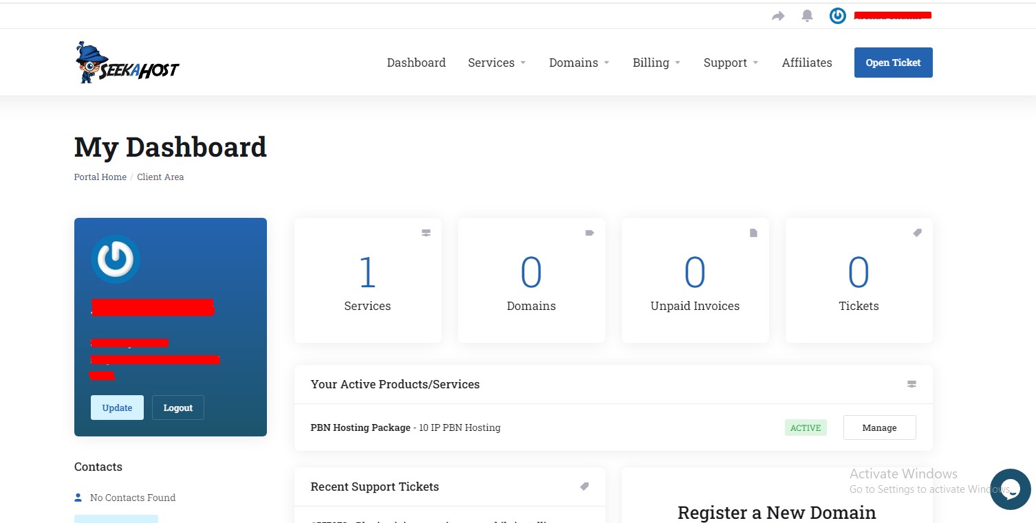 Client area Dashboard