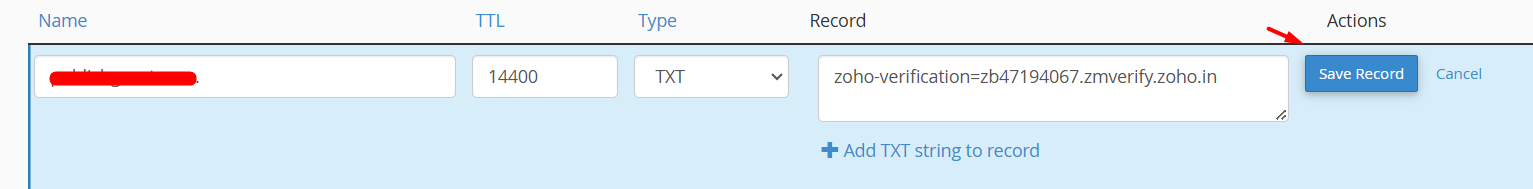 TXT Record Update - zoho