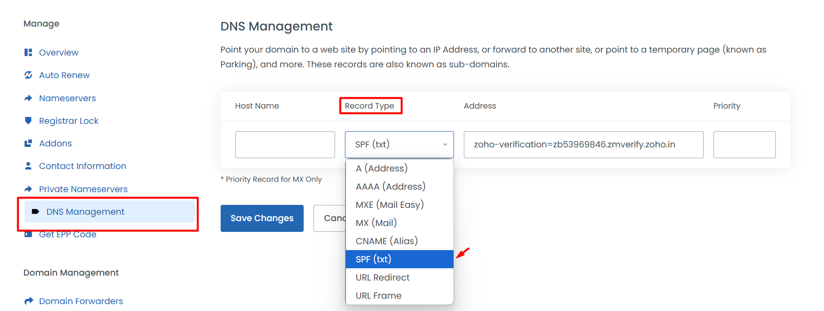 TXT Record Value - Zoho